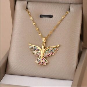 18 k gold plated stainless steel multicolour bird necklace
